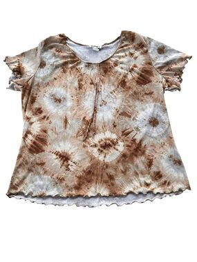 💟New Things Womens Large Brown Tie Dye Top Flutter Sleeve